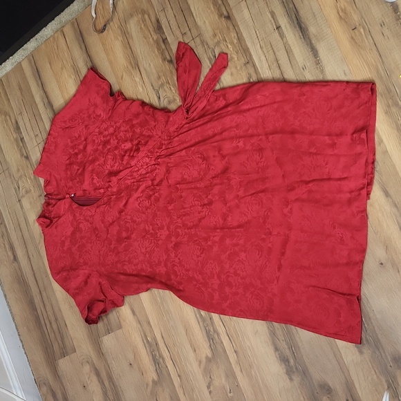 Vtg STYLEWORKS Red Floral Silk Japanese Inspired Keyhole Waist Tie Midi Dress - Picture 11 of 14